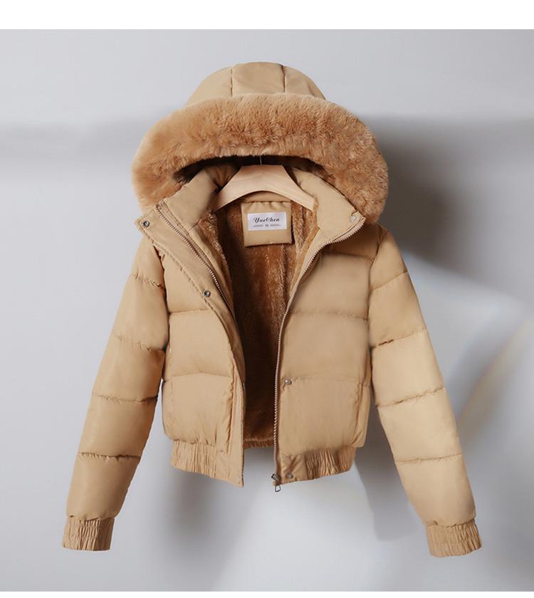 Women's Short Cotton Jacket with Warm Velvet, Fluffy Hood, Big Fur Collar, Petite Winter Outerwear, 2025 Trendy Style.