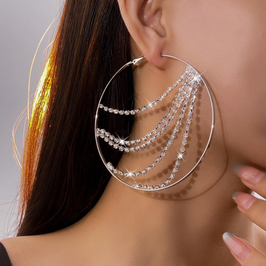 Diamond fringed circle silver needle earrings personalized fashion light luxury temperament earrings