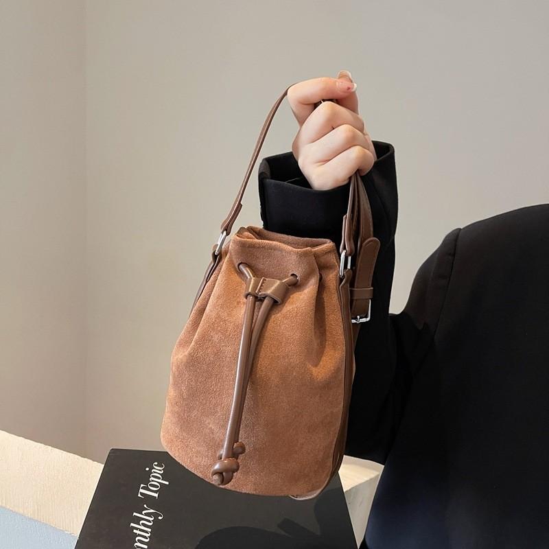 Vintage Suede Water Bucket Bag With Drawstring Closure For Daily Use Women