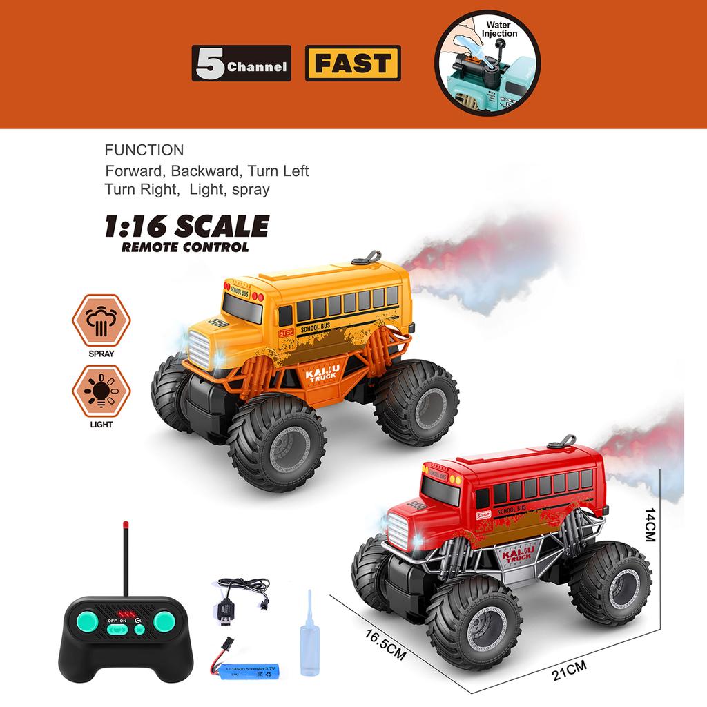 Fjernkontrollbil, 1: 16 Fjernkontroll Spray Skolebuss med LED-lys Simulert Off-Road