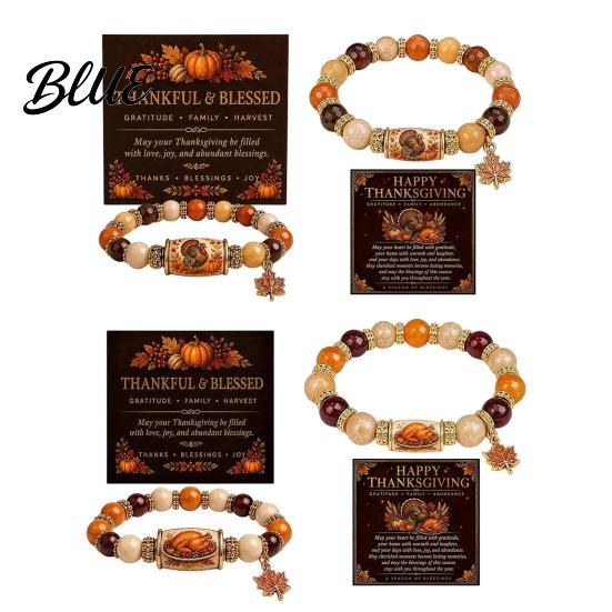 Thanksgiving Beaded Bracelet for Women Holiday with Greeting Card Gift Maple Leaf Charm Elastic Stretch Fall Harvest Jewelry Theme Women
