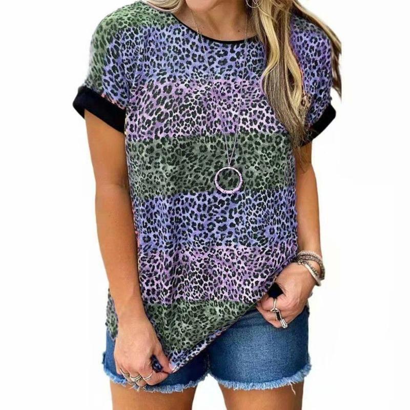 Women Summer Leopard Printed Short Sleeve Tops Casual O-neck Loose Tee Top Ladies T-shirt Clothing