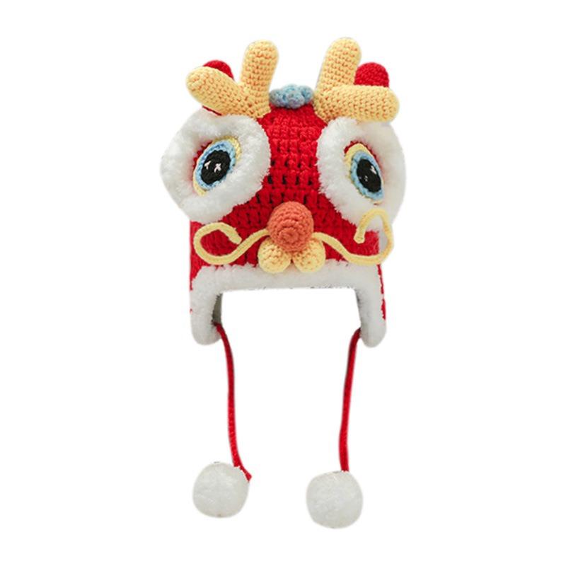 Autumn and winter parent-child knitted hat Guochao dragon and lion hat sleeve, new festive warm ear protection lace-up handmade knitted hat