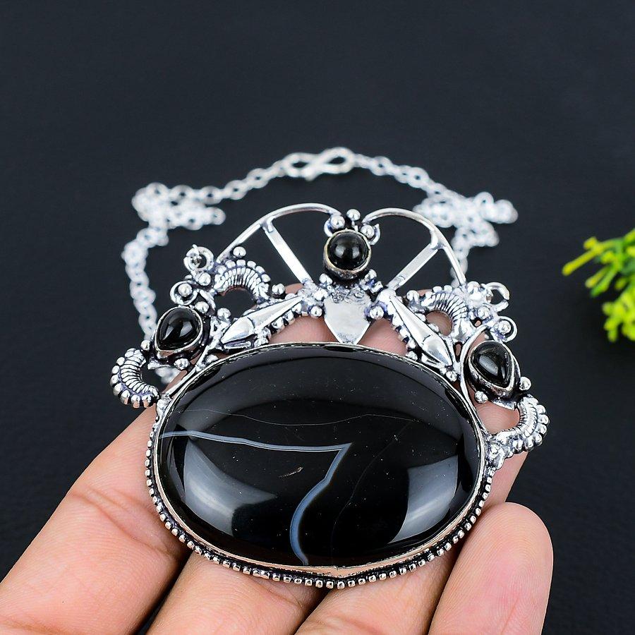 Natural Banded Agate, Onyx Gemstone 925 Sterling Silver Necklace 18" T6j32