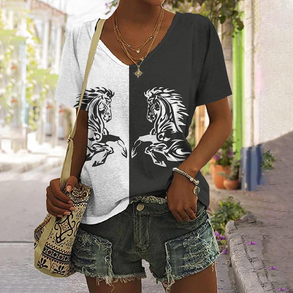 Women's T-shirt summer 3d horse print V-neck short-sleeved top