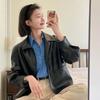 Women Spring and Autumn Vintage Lapel Thin Single-Breasted PU Leather Jacket