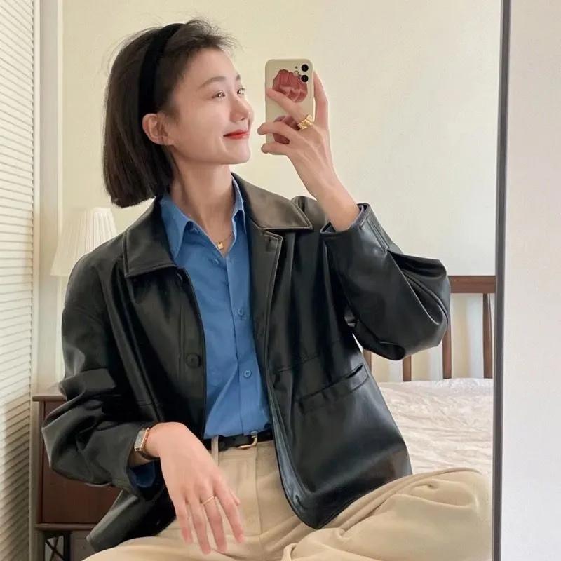 Women Spring and Autumn Vintage Lapel Thin Single-Breasted PU Leather Jacket