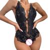 Sexy Women Bodysuit See-through Hollow Out Lace Bow Open Crotch Sleeveless Sknny Low-cut Cross Back Adjustable Spaghetti Strap Honeymoon Wedding