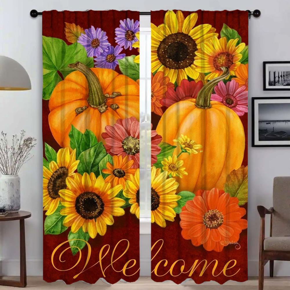 Blackout Curtains for Living Room Pumpkin Sunflower Print Shades Tulle for Bedroom Home Interior Curtains 2 Pieces Partition