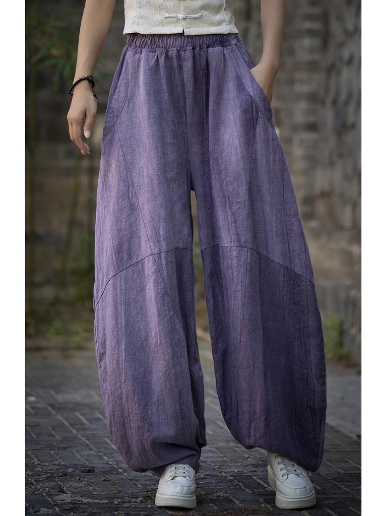 2025 Oryginalne Wysokiej Jakości Spodnie Casualowe Lantern Tie-Dye z Ramiączek - Luźne Szerokie Nogawki, Długie na Wiosnę/Lato