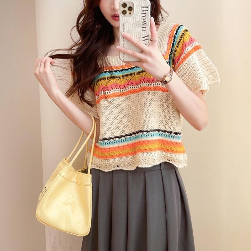 

Color Block Striped Crochet Knit Top - Women’s Summer Short Sleeve T-Shirt - Petite Fit, Soft & Lightweight S оранжевый