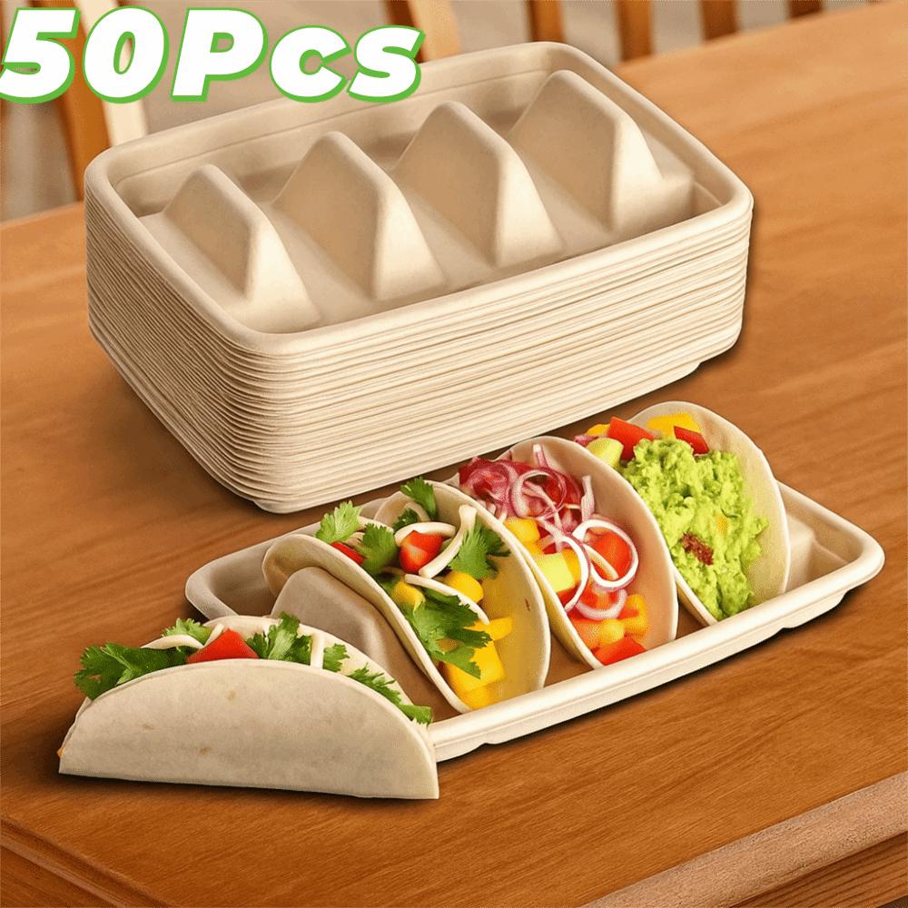 50Pcs with Lid Disposable Taco Plates 3 Compartments Taco Serving Tray Taco Holder  School