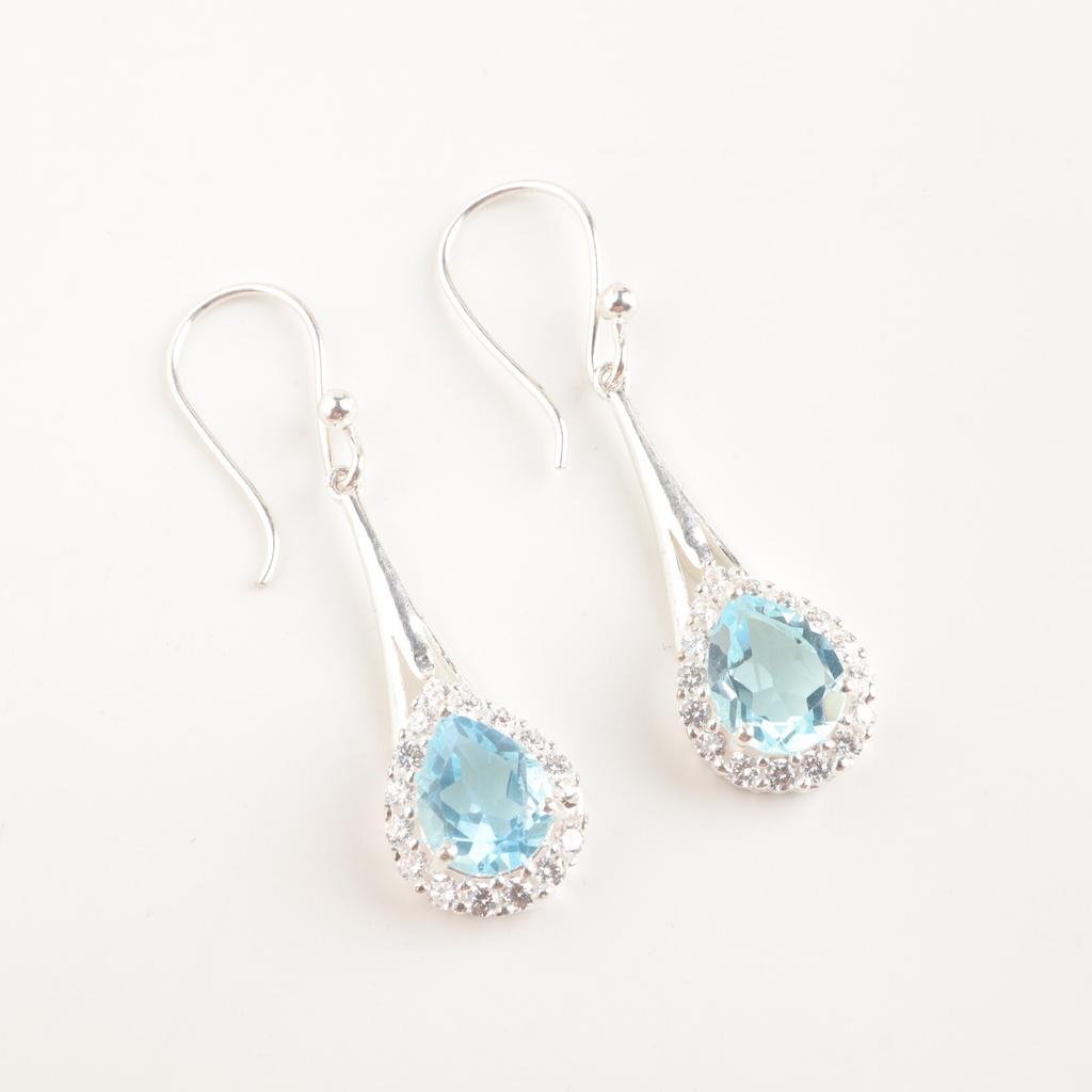 Natural Sky Blue Topaz Gemstone 925 Stamped Silver Jewelry Zircon Earrings 1.86" CZE-7-11