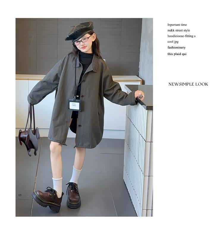 Mädchen Midilanger Trenchcoat: 2025 Frühling/Herbst Koreanischer Stil für Kinder - Lockerer, lässiger Schnitt