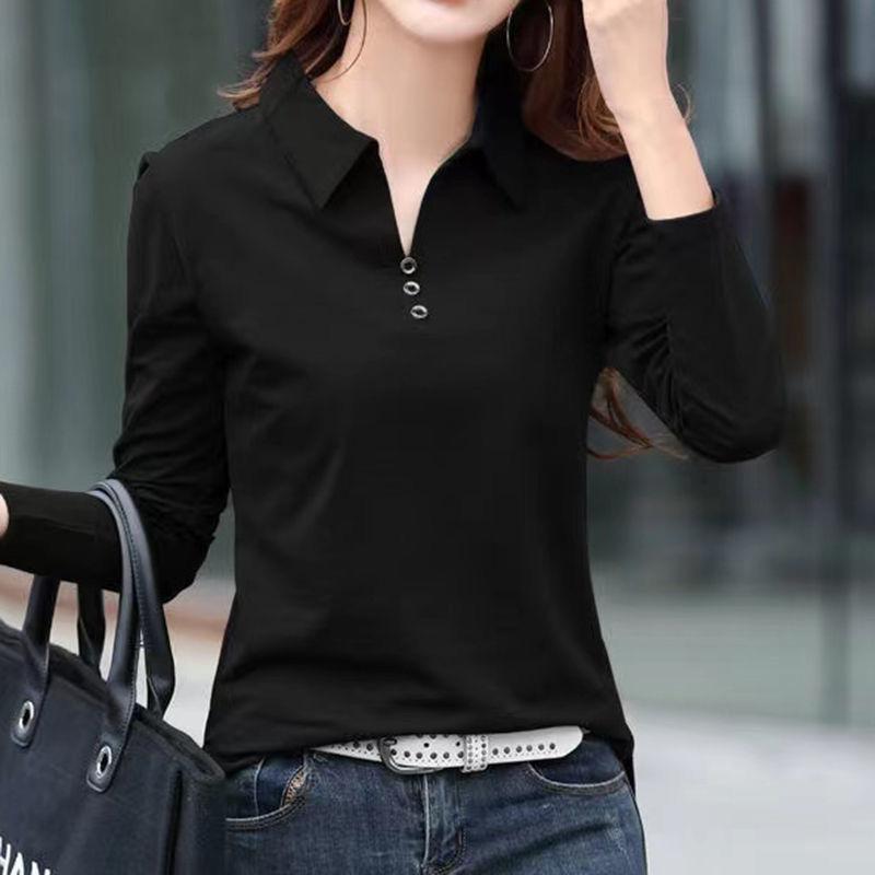 T Shirt Office Woman Spring Casual Long Sleeve Lapel T-shirt Autumn Loose Korean Style Plus Size