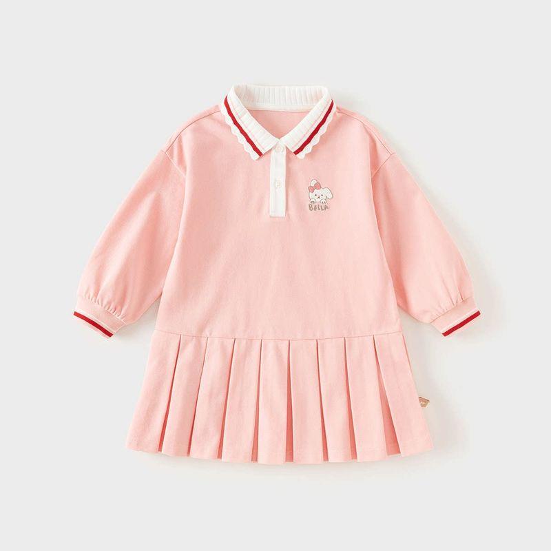 David Bella Girls  Dress Spring Outfit Children s Casual Stylish Long-Sleeve Pleated Academy Style Polo Dress Children s Clothing Candy Powder [Ready in Stock] 90