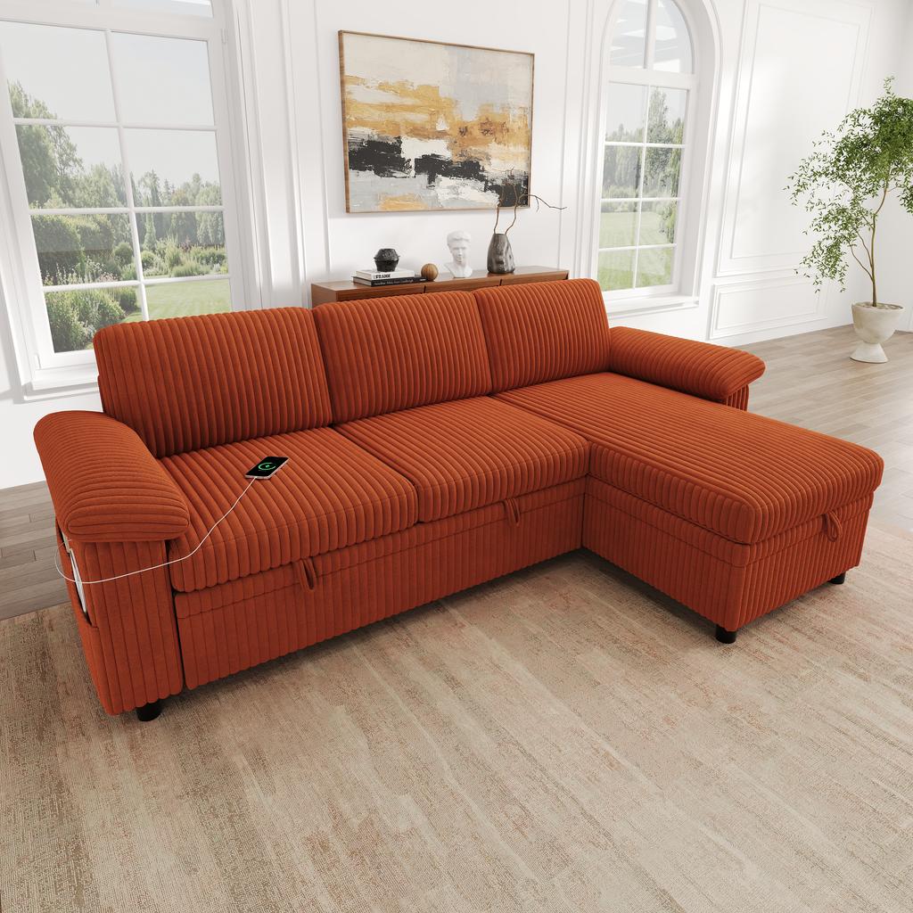 L-Shaped Corner Sofa with Pull-Out Sleep Function; Ottoman with Storage, Left/Right Reversible; Adjustable Backrest; Corduroy Fabric, Orange
