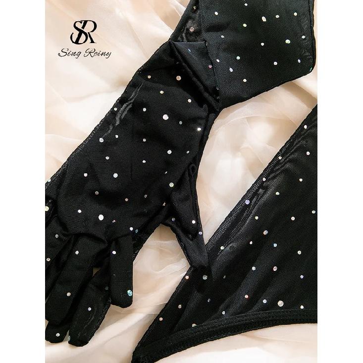 SINGREINY Polka Dot Print Underwear 3pcs Suits Fashion Strap Backless Club Shiny Sexy Suits Erotic Mesh Sheer Lingerie Sets