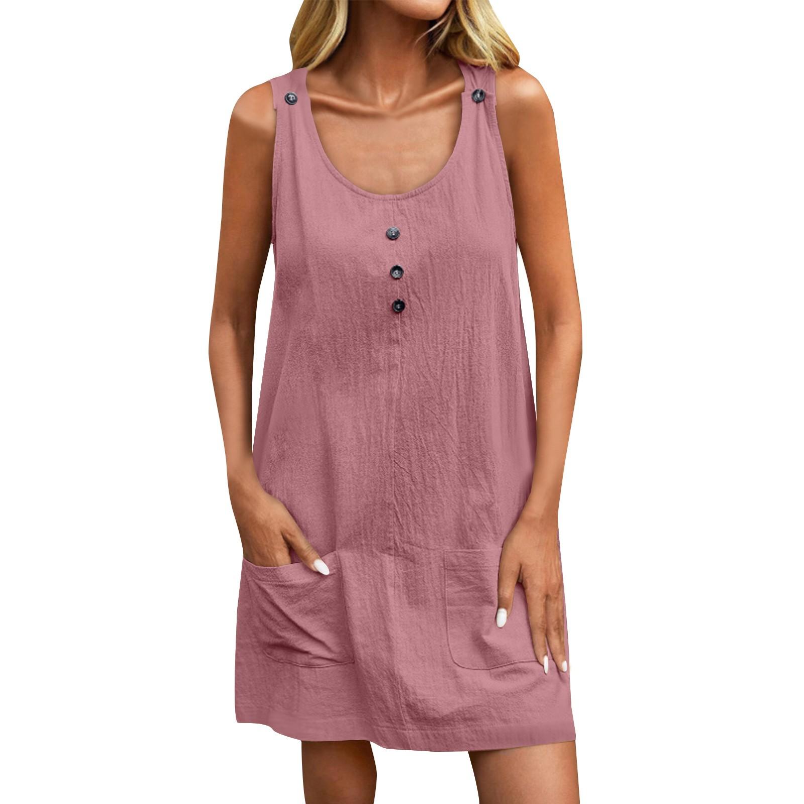 Einfarbiges lässiges Kleid aus Baumwolle und Leinen mit Taschenknopf, verstellbarem Schultergurt und ärmellosem Kleid L licht lila