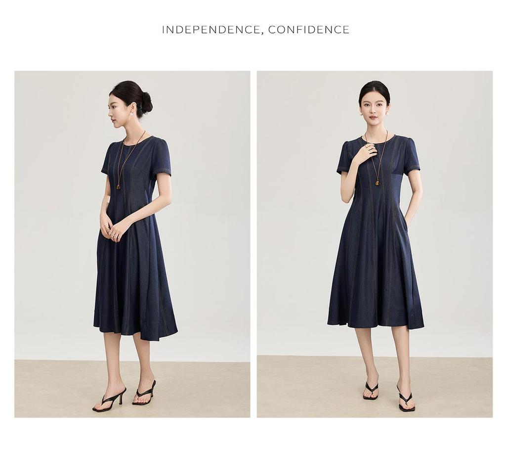 High-Quality Tencel Cotton Retro Waist-Cinched Short-Sleeve Spring/Summer Denim Dress