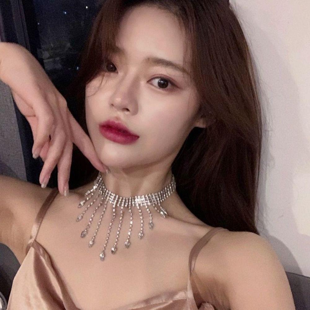 Geometric Full Rhinestone Necklaces Sparkling Wedding Bride Jewelry Cute Tassel Necklaces  Wedding