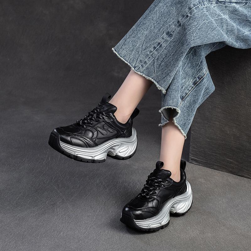 Fashion GKTINOO 2024 Autumn New Retro Lace-up Flat Platform Shoes Genuine Leather Sneakers Thick Soled Round Toe Casual Women's Shoes