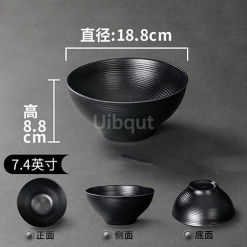 Black Melamine Tableware Black Matte Stripe Ramen Bowl Plastic Household Rice Noodle Salad Bowl Kitchen Dumpling Ramen Bowl Set