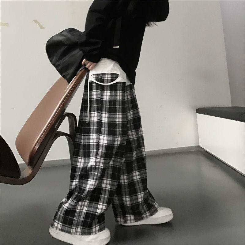 Harajuku Black and White Plaid Pants Women Summer Casual Wide Leg Trousers Korean Fashion Loose Straight Pants Y2k Bottom