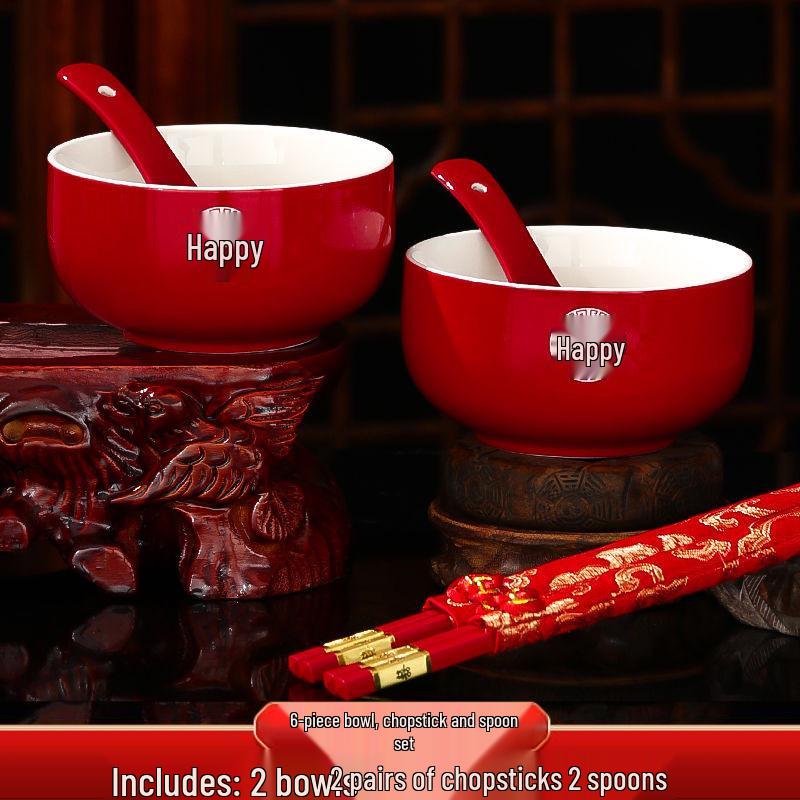 Festive Red Wedding Tea Set: Gaiwan, Chopsticks, Happy Bowl & Pair Bowls