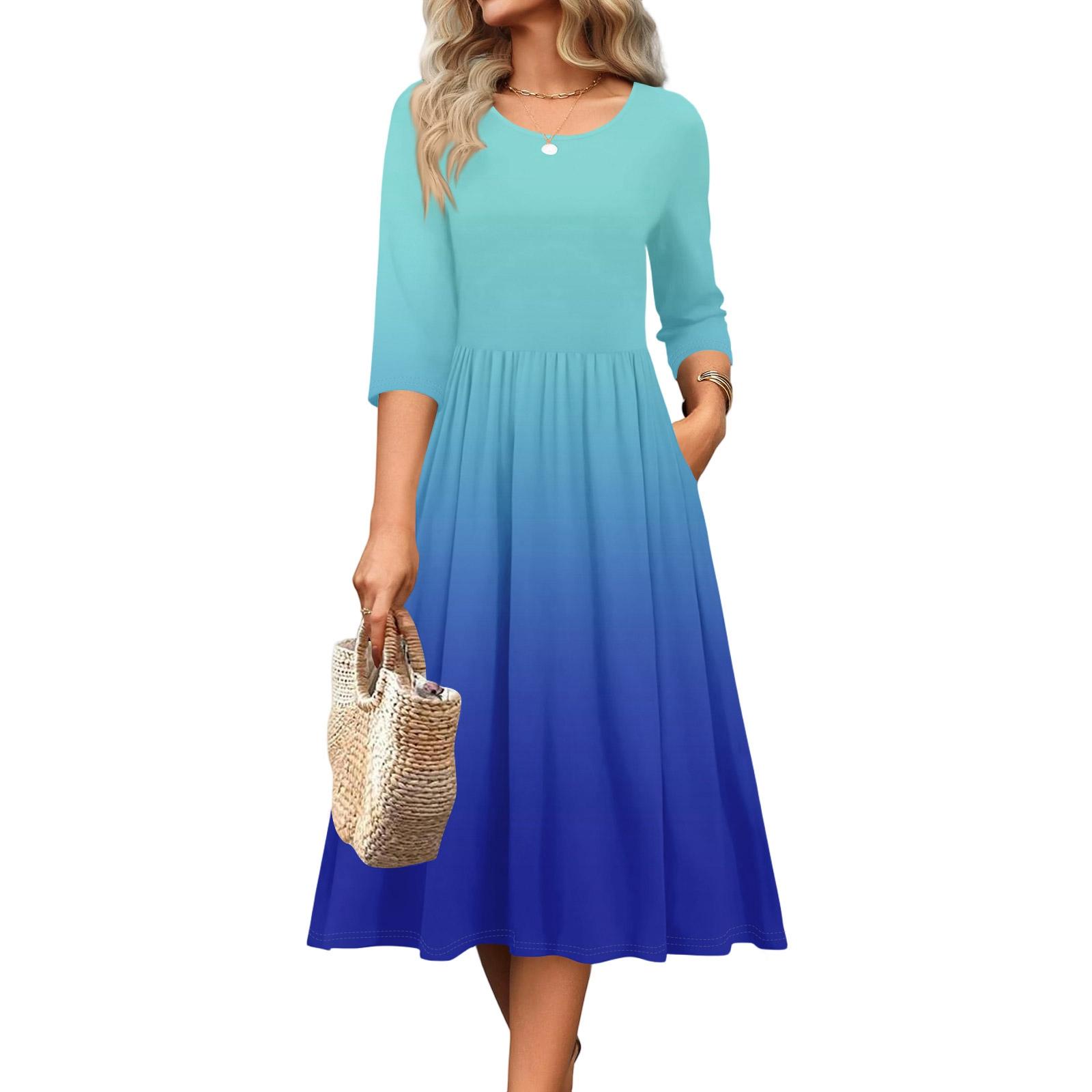 

Женское платье с рукавом 3/4, повседневное, свободное, А-силуэта, миди, футболка, с карманами, с круглым вырезом, для отпуска, в стиле бохо, пляжный сарафан M