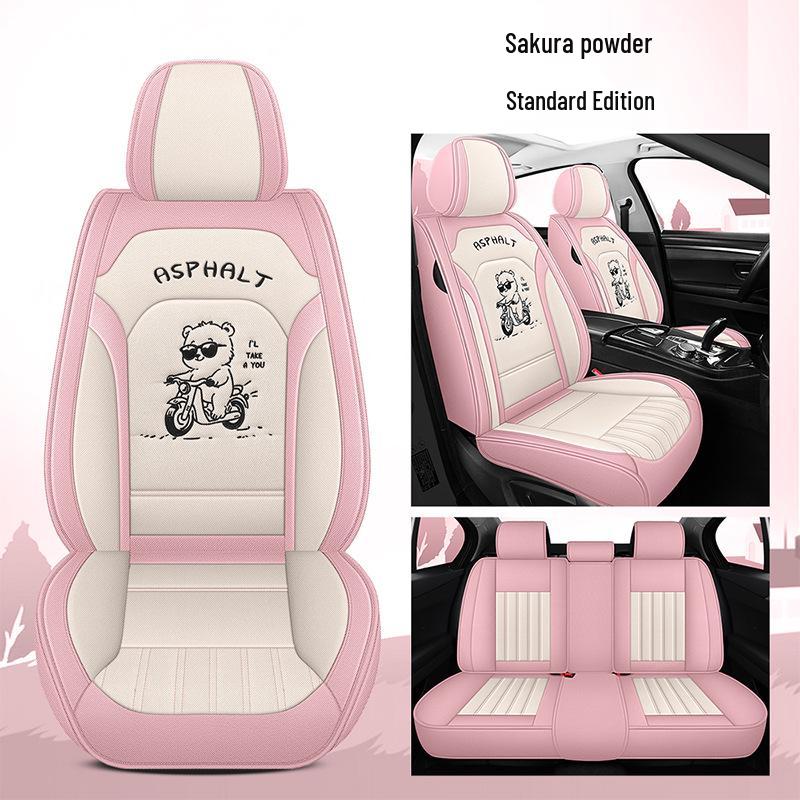 All-Season Linen Car Seat Cover - Breathable, Full Coverage with Cute Cartoon Design for Autumn/Winter