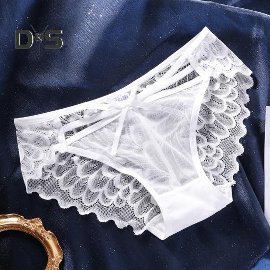 Women's Lace Thongs Low Waist See Through Panties with Bow Sexy Lace Mesh Briefs Ultra-Thin Breathable Bikini Underwear