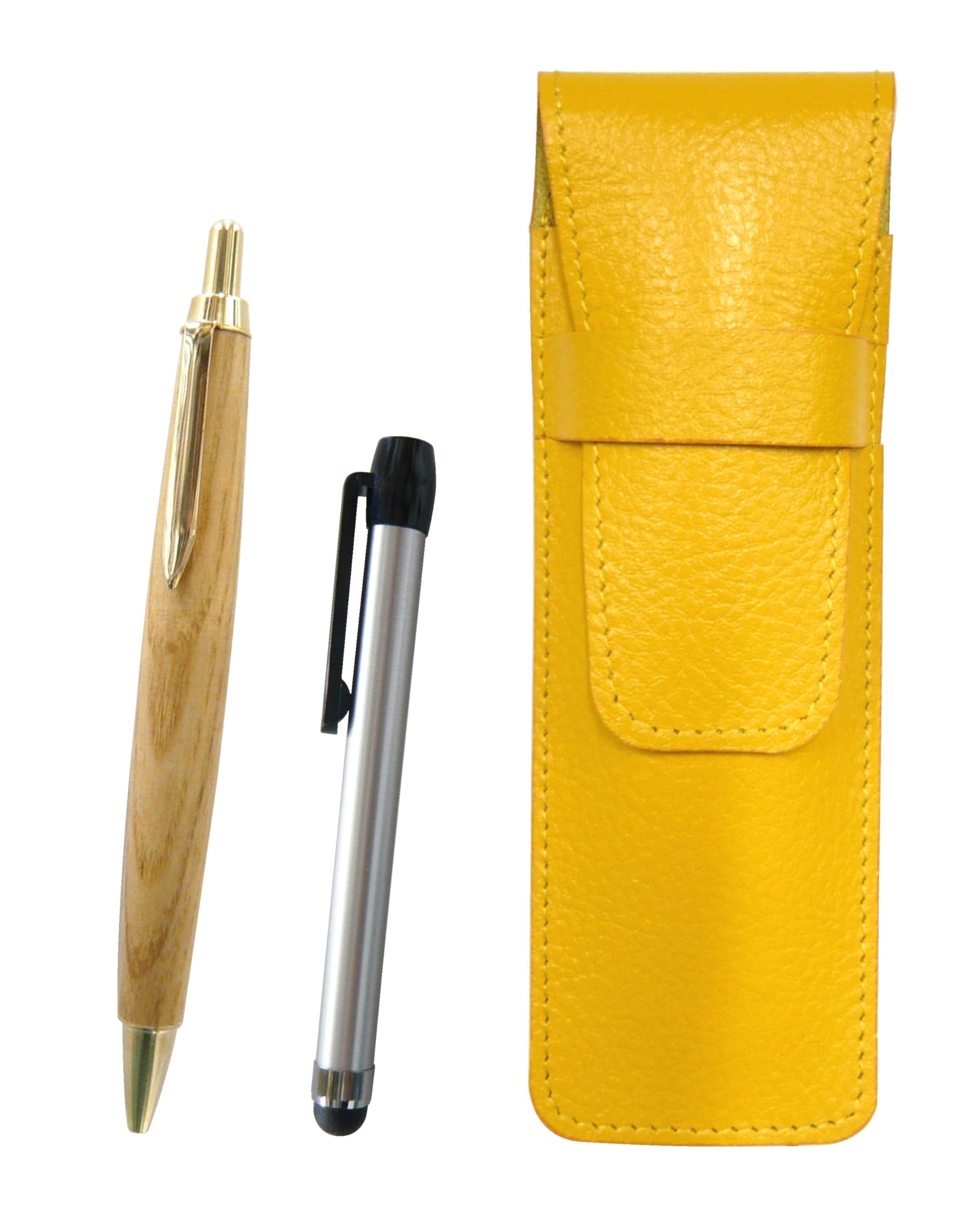 

Yellow grained leather pen case with a silver pen and a retro maple wood barrel ballpoint pen set metal-touch (SASY-ALST-HS47S)