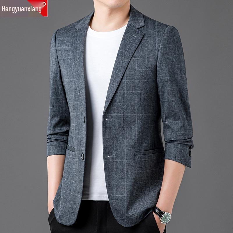 

Мужской приталенный клетчатый блейзер Hengyuanxiang – Весенне-осенний однобортный повседневный пиджак для мужчин среднего возраста 170 cm for 100-120 jin серый