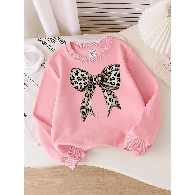European sizes Girls' Stylish Crewneck Sweatshirt with Leopard Print Bow Tie, Western Flair Long-Sleeved Casual Top for Young Girls