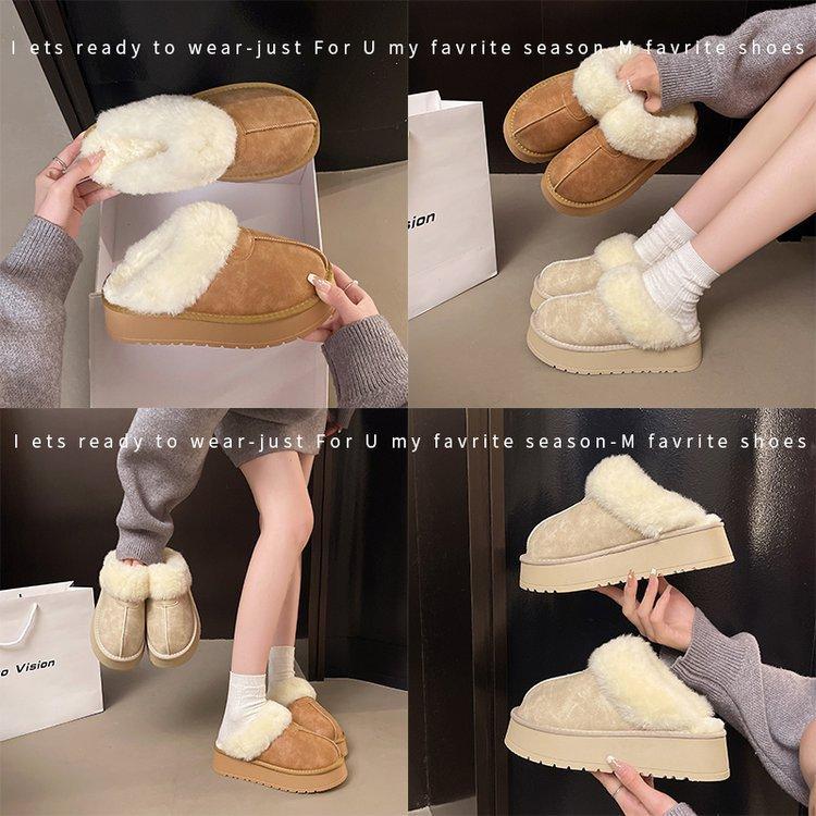 2025 new snow boots women's winter fur integrated wool mouth velvet thick bottom warm outer wear bag head half slippers