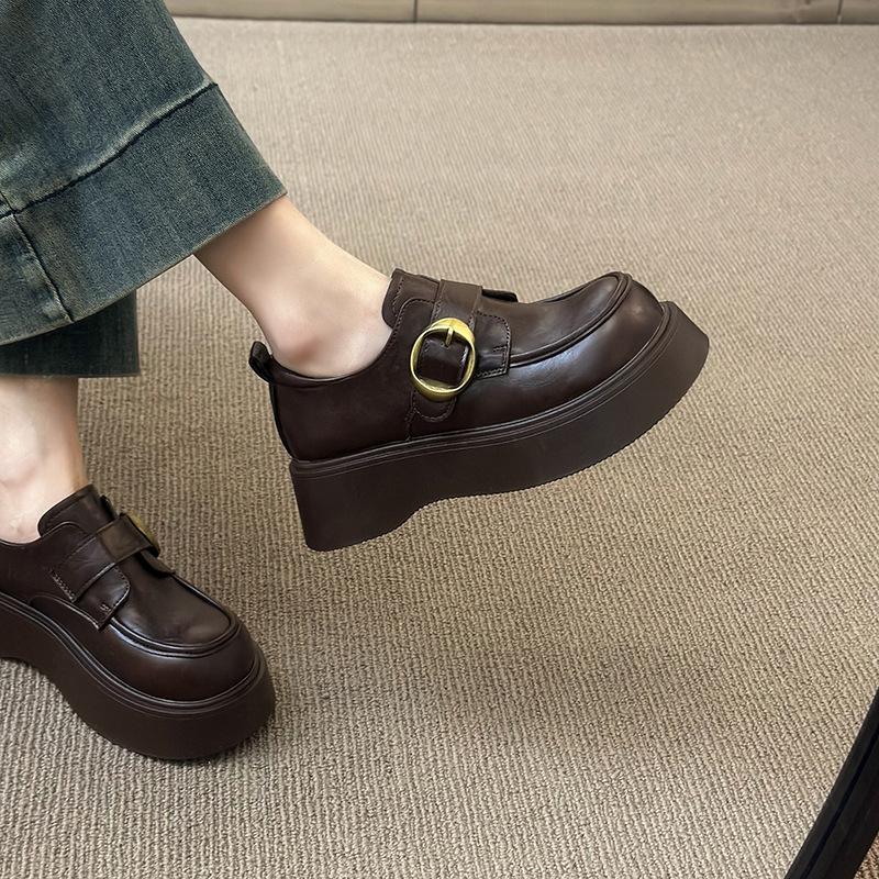 2025 Spring and Autumn New Loafers Women's Thick Heel Platform Single Shoes Retro Belt Buckle British Style Heightening Small Leather Shoes