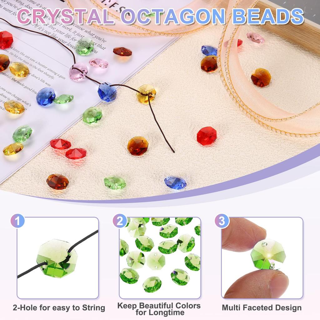 Uxcell 70pcs 14mm Crystal Octagon Beads, 2-Hole Glass Suncatcher Beads, Chandler Prism Parts, Pendants for Home DIY Arts and Crafts, Olive Green