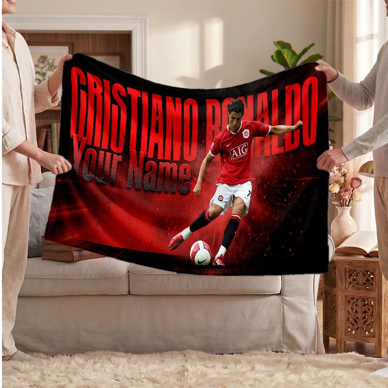 Coperta Personalizzata in Pile Cristiano Ronaldo con Logo Calcio, Testo Nome Personalizzato Morbida Calda Coperta da Divano per la Casa