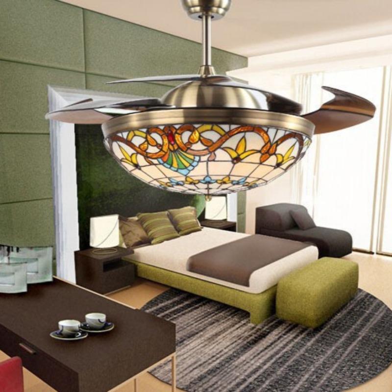 42-inch Retractable Ceiling Fan with Lamp and Remote Control Double-sided Chandelier Style