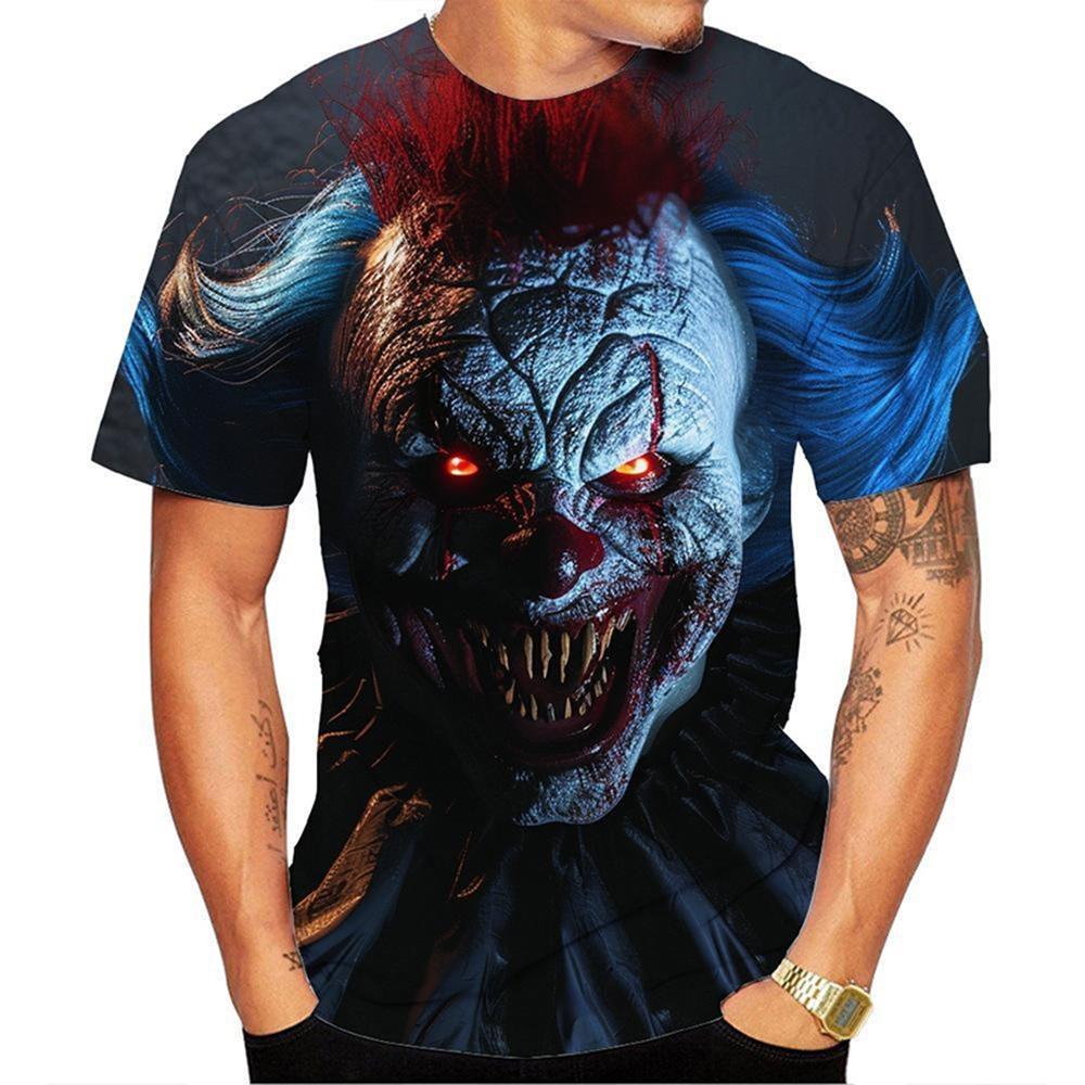 Modny męski T-shirt z drukiem 3D w wzór klauna, Modny Harajuku Alternatywna Osobowość Krótki rękaw Góra Zabawa na świeżym powietrzu Impreza Okrągły dekolt Streetwear