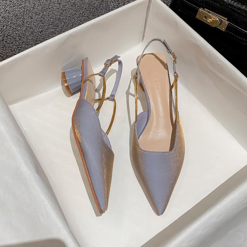 2021 summer new high-heeled bag head pointed fashion sandals women's thick-heeled women's one-word buckle medium-heeled single shoes