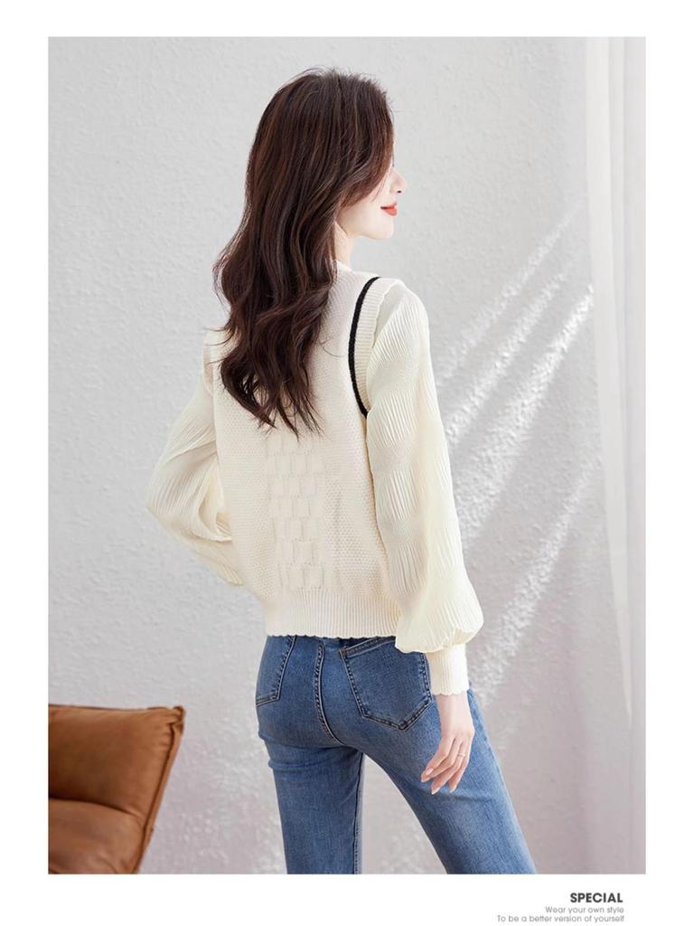 French Retro College Style Long-Sleeve Round Neck Spliced Two-Piece Shirt for Women