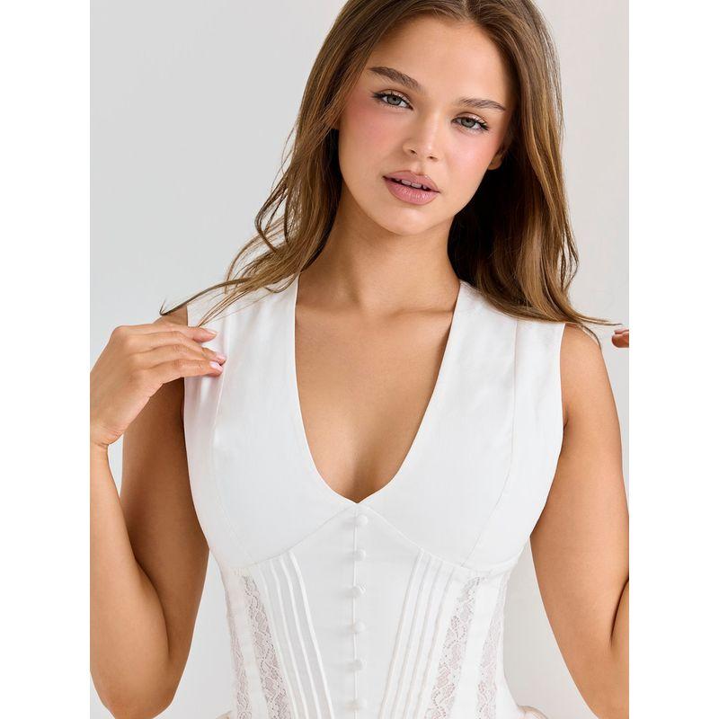 Youth Bloom House Same Style French Style White Gentle Style Sexy V-neck Lace Hollow Out Waist Hugging Short Dress