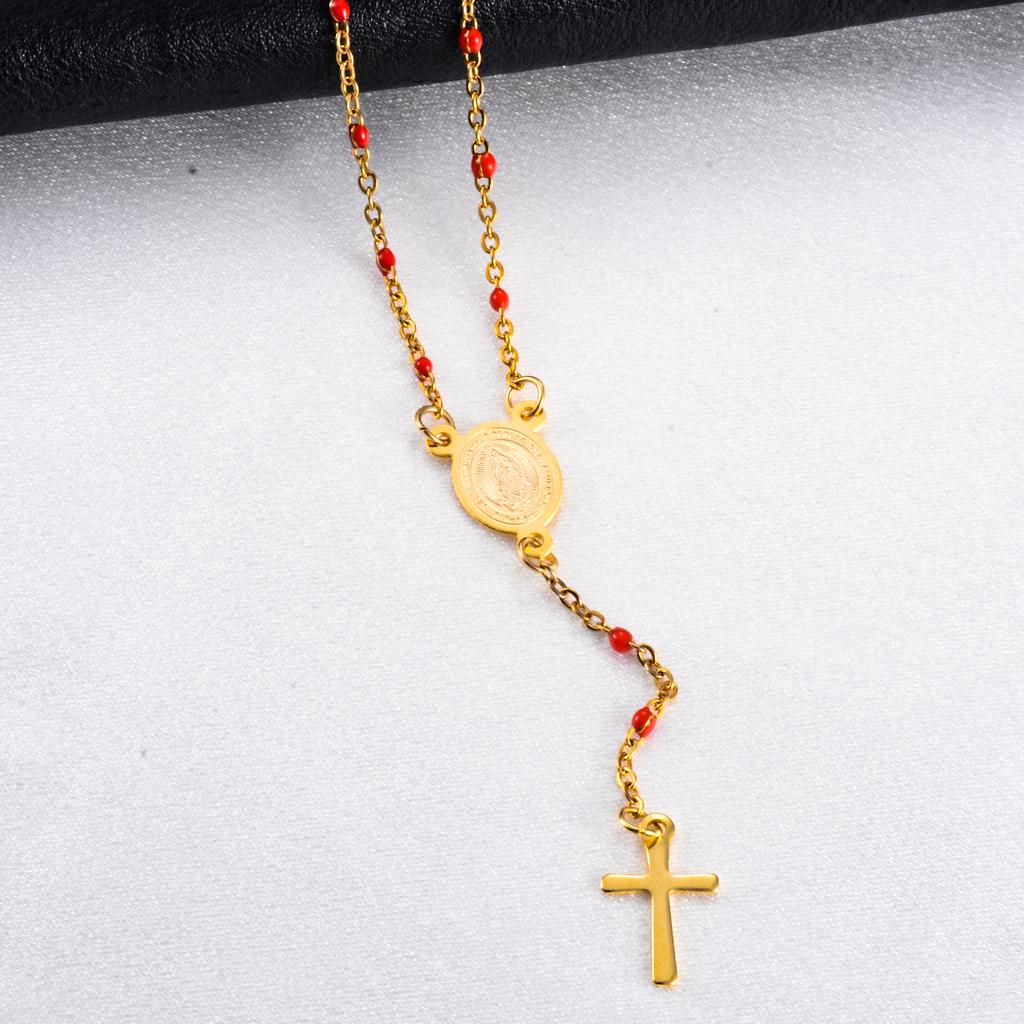 Jesus Stainless Steel Cross Rosary Christian Catholic Religious Width 1.5mm Enamel Satellite Bead Cable Link Chain Necklace