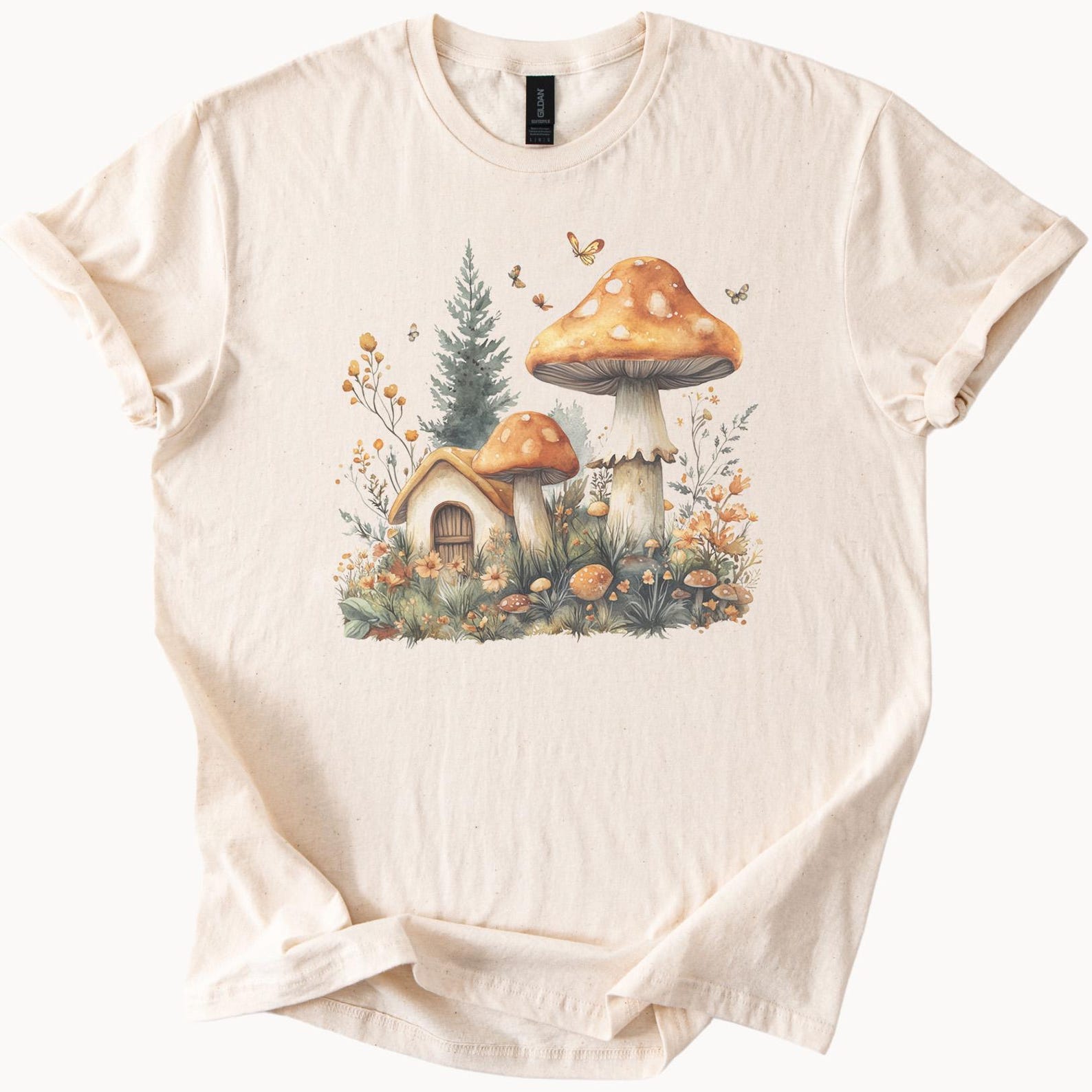 Mushroom Cottagecore Graphic T Shirt Whimsical Forest House and Butterflies Nature Aesthetic Fungi Art Tee Woodland Fairycore 140