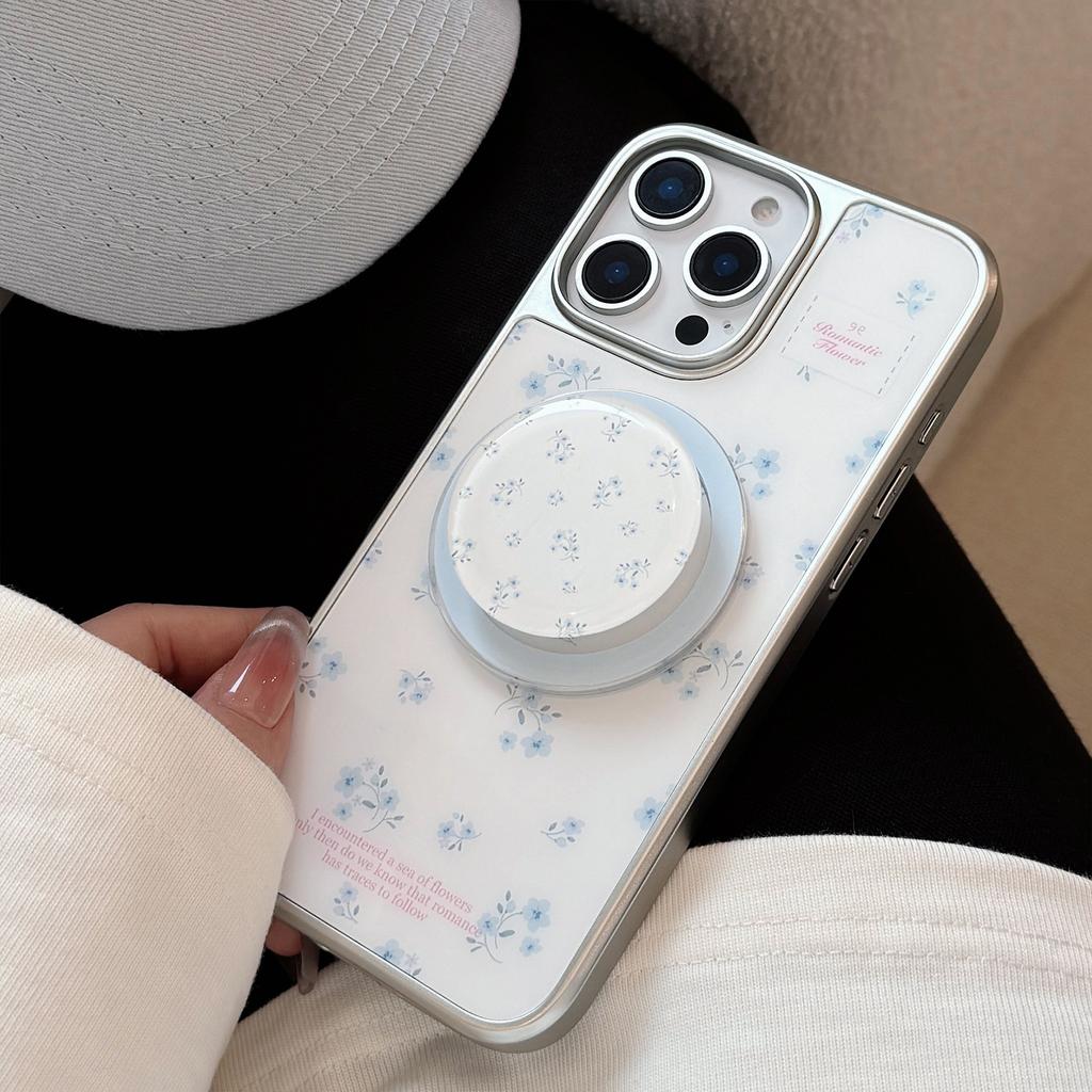 Fresh and Suitable for Apple 15 Promax Mobile Phone Case Iphone16 Electroplating 13 Magnetic 14 Small Blue Flower Stand 12 Hard