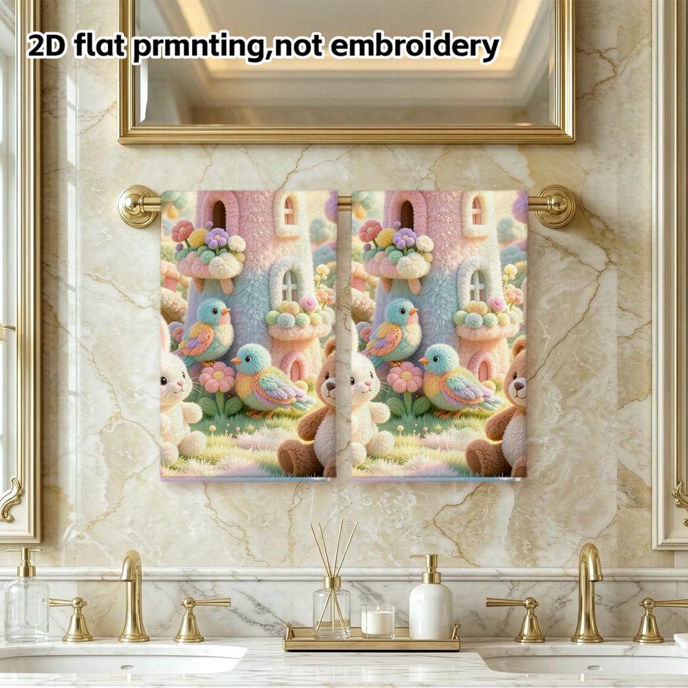 Pastel Fuzzy Windmill Garden Towel, Soft Absorbent Bath Towel, Bunny Bear Bird Floral Print, Quick Dry Decor Hand Towel