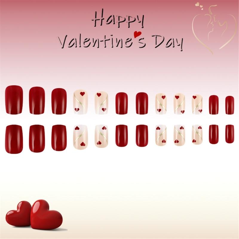 24 Pcs Heart Press On Nail Glossy Artificial Nail Golden Stripes Stick on Nail Valentines Day Full Cover False Nail