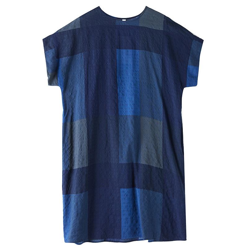 Summer Fat Mm Thin Cotton and Linen Printing Literary Femininity Over the Knee Medium and Long Short-sleeved Dress Women